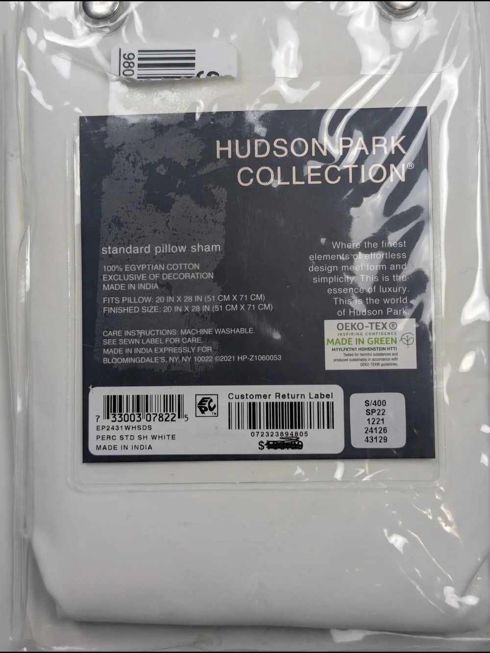 Hudson Park Collection White Egyptian Cotton Percale Standard Pillow Sham NIP